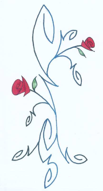 Minimalist rose vine tattoo design with simple blue lines, two red roses, and green leaves, perfect for elegant ink.